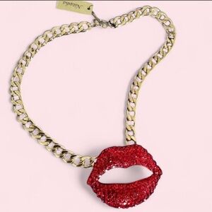 Nadri Gold Necklace with Red Lip Pendant